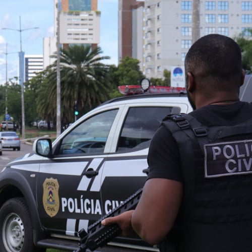 Policial civil do Tocantins com armamento e em frente à viatura da corporação (Foto: Luiz de Castro/Governo do Tocantins)