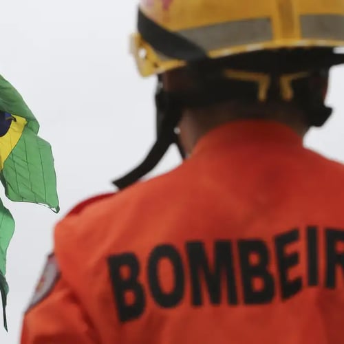 Servidor do CBM DF em frente a uma bandeira do Brasil (Foto: Fabio Rodrigues Pozzebom/Agência Brasil)